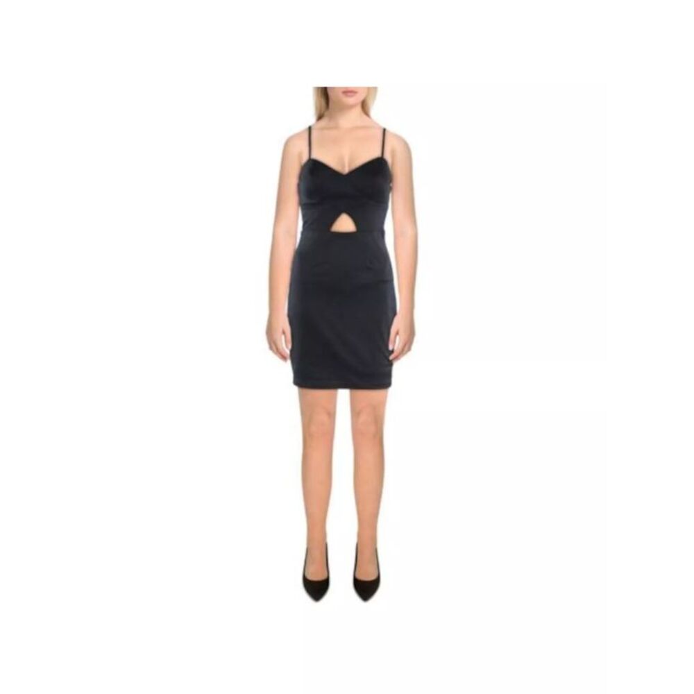 CRYSTAL DOLLS Womens Sheath Dress Black Lined Spaghetti Strap Front Juniors S